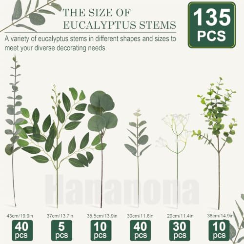 hananona 135 pcs mixed eucalyptus leaves stems artificial, close-up detail