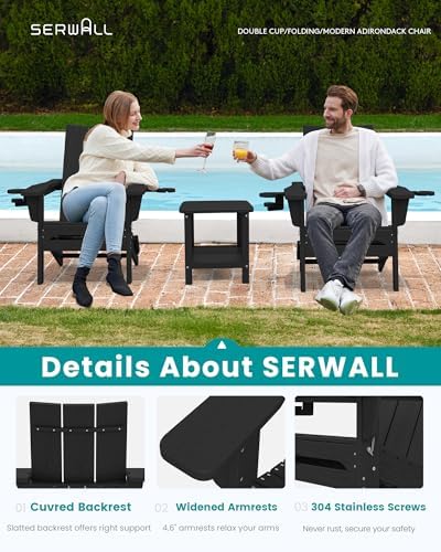 SERWALL Modern Folding Adirondack Chairs Set of 2, HDPE, Cup Holders, Black | Outdoor All-Weather Lawn Adirondack Chairs Wood Grain Lawn Chair Fire Pit Chairs for Patio, Deck