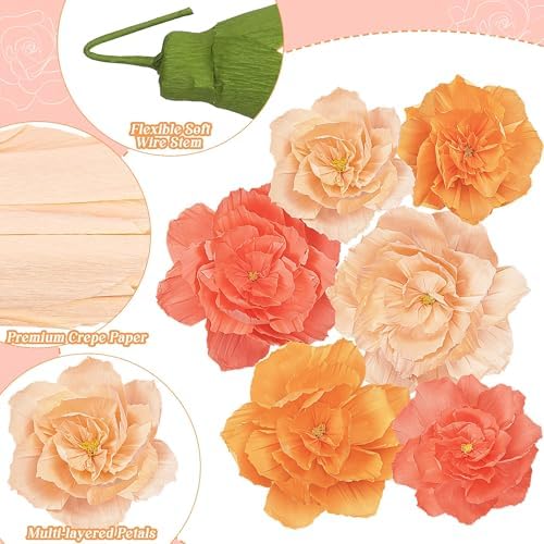 aneco 6 pieces large paper artificial flowers 3d, close-up detail