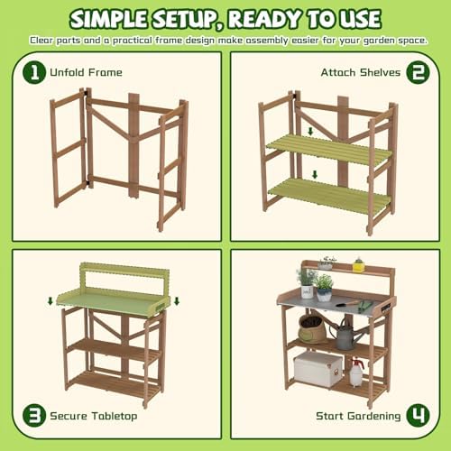 ketive outdoor potting bench with metal top and, front angle view