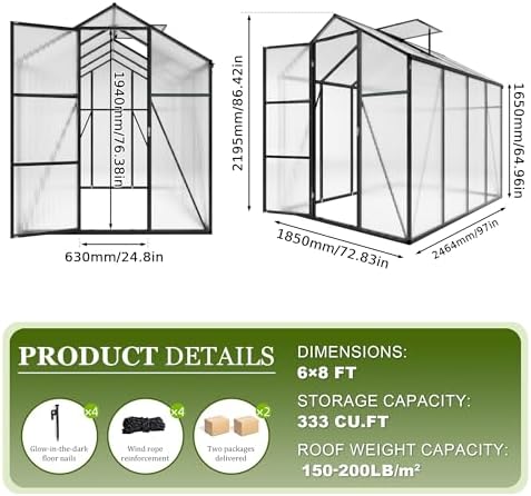 6*8.2ft greenhouse for outdoors,polycarbonate greenhouse with stronger wind, package contents