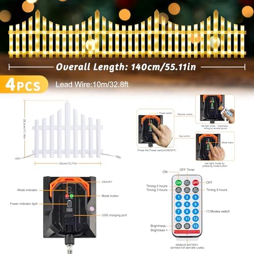 hopolon 4 pack lighted garden fence, 11.1in (h) showing dimensions
