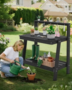 serwall 3-tier outdoor potting bench with storage,gardening table,black,2pc, side view