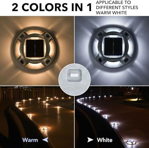 AGPTEK Solar Driveway Lights Outdoor 12 Pack, 2 Color Modes LED Deck Dock | Marine Waterproof Driveway Marker Lights for Step Sidewalk Stair Garden Pathway Walkway Yard (Warm White/Cool White)