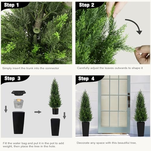5ft tall 2 pack artificial cedar topiary trees, close-up detail