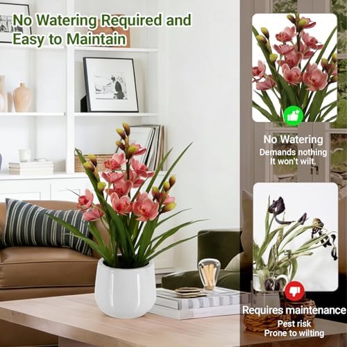 faux orchid plant 19" tall, realistic touch leaves, side view