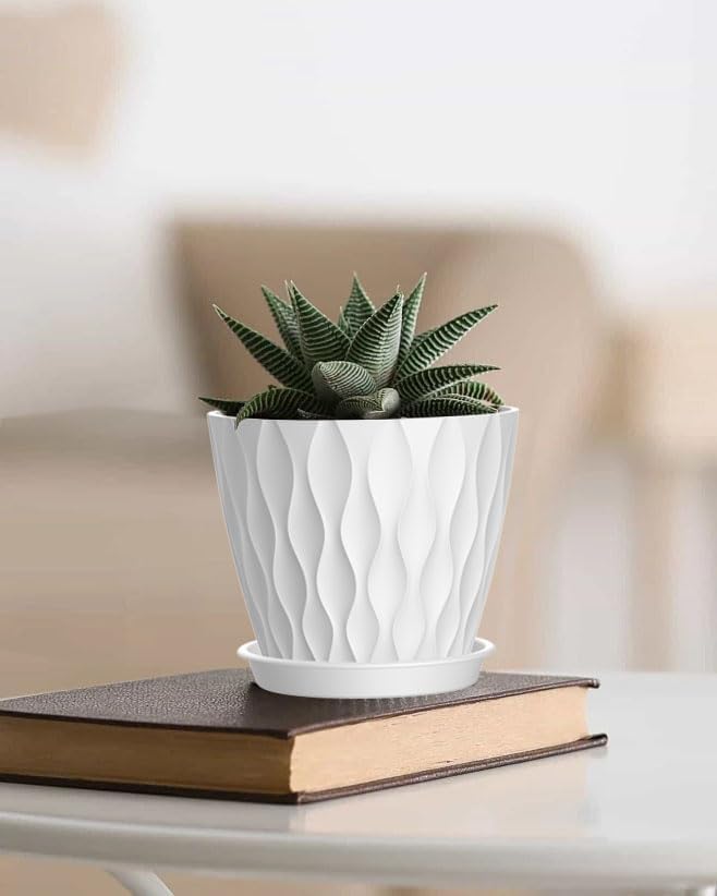 6 Inch Plant Pots, 6 Pack Indoor Flower Pots, Planters with Drainage Holes and Trays for Orchids, Violets, Succulents, Herbs, and Other Plants,White