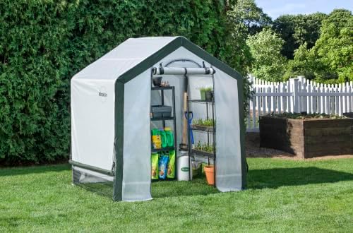 miracle-gro walk-in all-season greenhouse, chalk, 6 x 4 shown in use
