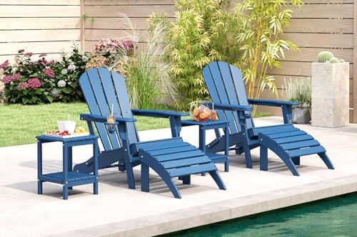 BRIOPAWS Folding-Adirondack-Chairs Set of 2 | HDPE Plastic | Fire Pit Chair | Cup Holder | Curved Back | All Weather| for Outdoor Backyard Deck Patio | Blue