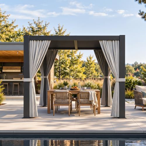 aoxun louvered pergola 10x10 all-aluminum, waterproof curtains and shown in use