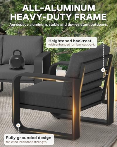 oversized aluminum outdoor furniture set, extra large patio showing dimensions