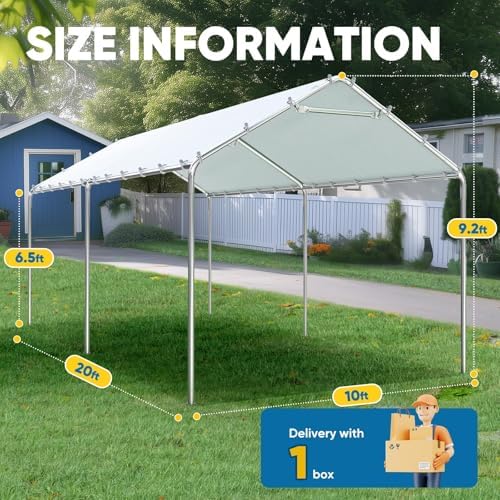 quictent 10x20 ft heavy duty carport canopy galvanized showing dimensions