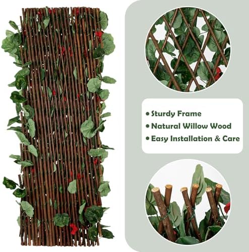 expandable fence privacy screen with artificial flower, greenery showing dimensions