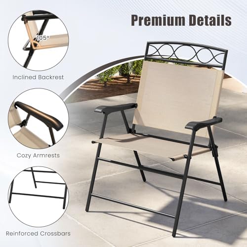 GIANTEX Set of 4 Patio Folding Chairs, Outdoor Dining Chairs for Camping, Beach, Backyard, Deck, Portable Dining Chair w/Armrest and Metal Frame, Beige
