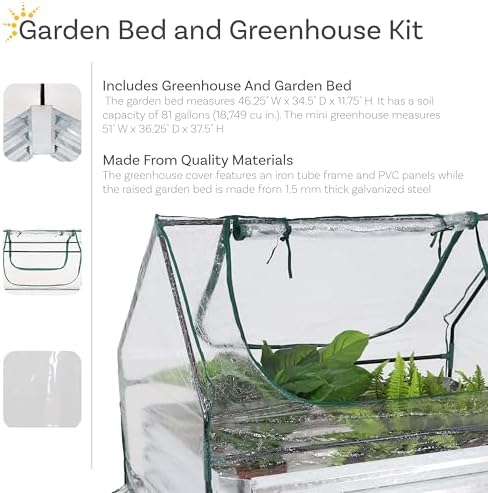 sunnydaze steel raised garden bed with mini greenhouse shown in use