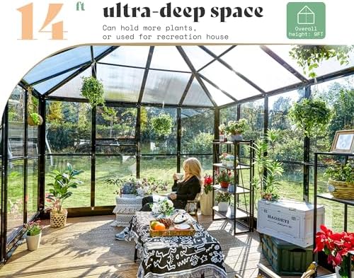 amerlife 14x9.5x9 ft hybrid polycarbonate greenhouse quick-connect assembly showing dimensions