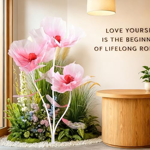 giant flowers 3-piece set|67-inch tall tulle poppy decorations, close-up detail