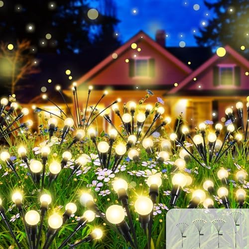 4 Pack Solar Firefly Lights Outdoor, 8 Mode Adjustable Height Swaying, IP65 | Firefly solar lights, solar garden lights, IP65 waterproof, auto dusk-to-dawn, zero-wire, pathway garden landscape