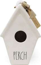 Rae Dunn by Magenta Perch Ceramic LL Decorative Slant Roof Birdhouse with Burlap Ribbon & Bird Sketch Icon