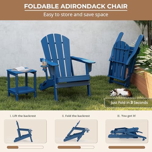 BRIOPAWS Folding-Adirondack-Chairs Set of 2 | HDPE Plastic | Fire Pit Chair | Cup Holder | Curved Back | All Weather| for Outdoor Backyard Deck Patio | Blue