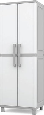 Keter Storage Cabinet with Doors and Shelves for Laundry Room, Garage, Bathroom Accessories, Closet and Home Organization, White & Grey