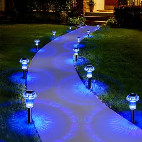 Priddop Solar Garden Lights Outdoor Waterproof 8 Pack Blue LED Mushroom | Yard Pathway Walkway Patio Landscape Path Lights, Acrylic ABS, Ground Patterns Replaceable Battery, Outside Christmas Decor