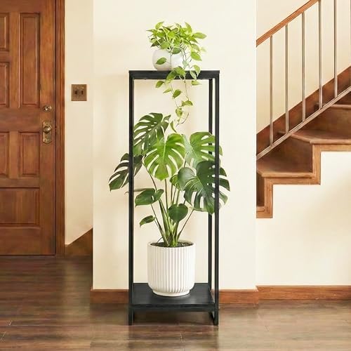 34" tall 2-tier corner plant stand indoor, black showing dimensions