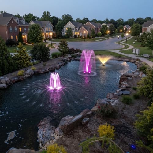 1/4 HP Floating Fountain & Aerator for Ponds and Lakes with 100 ft Cord | 3,000 GPH, 9 spray patterns, Color-changing LED lights, Energy-efficient 192W Pump, Protective Intake Screen
