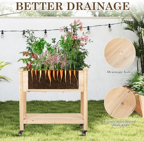 raised garden bed with lockable wheels, 32x16x32 inch, close-up detail