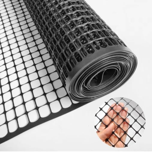 potatolife black plastic garden fence, hardware mesh, 40'' shown in use