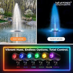 1/4 HP Floating Fountain & Aerator for Ponds and Lakes with 100 ft Cord | 3,000 GPH, 9 spray patterns, Color-changing LED lights, Energy-efficient 192W Pump, Protective Intake Screen