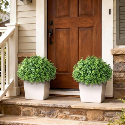 artificial boxwood topiary ball trees for front door, front angle view