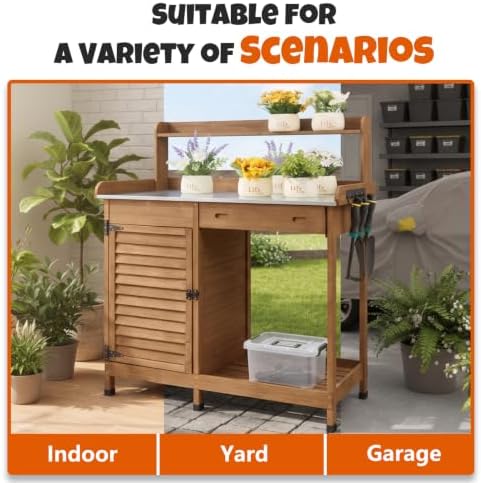 outdoor potting bench with metal top, sliding drawer on a desk or shelf