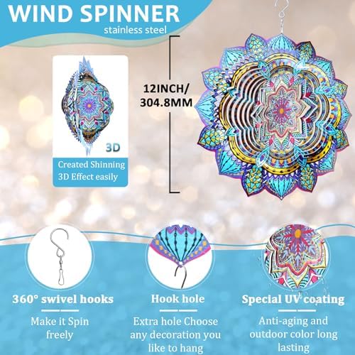 Wind Spinner Mandala Colorful Lily,12In Stainless Steel Wind Spinners Outdoor,3D Hanging Kinetic Sculptures,Yard Art Decorations,Garden Decor,Gifts for Women,Mother,Men,Father,Holidays