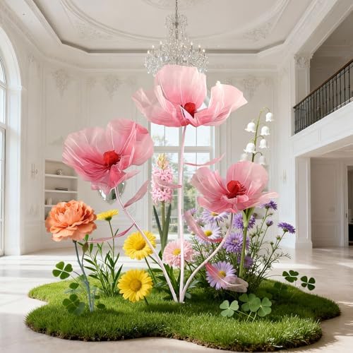 giant flowers 3-piece set|67-inch tall tulle poppy decorations shown in use