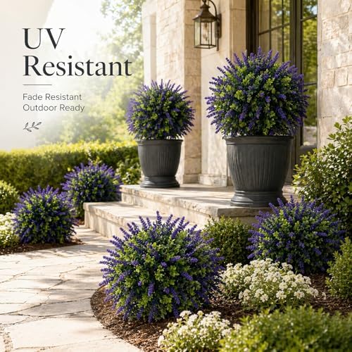 artificial lavender topiary set of 2, faux bushes, side view