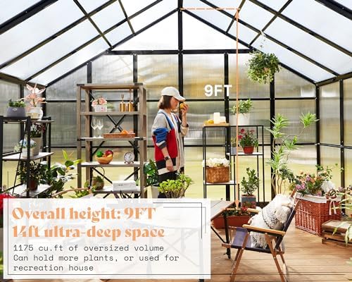 amerlife 12x13.5x9 ft polycarbonate greenhouse with quick-connect assembly, side view