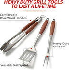 grilaz heavy-duty rose wooden bbq grilling tools set. shown in use
