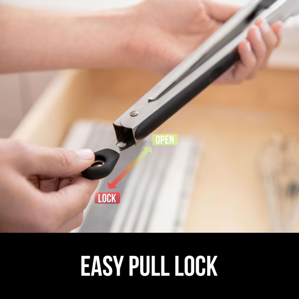 GORILLA GRIP Stainless Steel BPA-Free Kitchen Tongs for Cooking, Heat Resistant BBQ Tong Set of 2, Non Scratch Silicone Tip for Pan, Strong Grip, Grab Food, Toss Salad, Pull Lock, 7+9 Inch, Black
