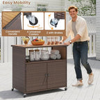 tangkula rattan outdoor storage cabinet with 4 wheels on a desk or shelf