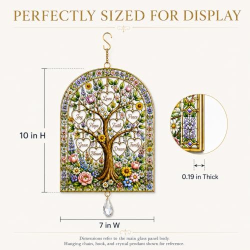 tree of life stained glass window hanging,colorful sun, front angle view
