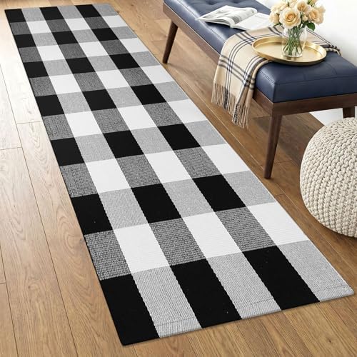 KOZYFLY Buffalo Plaid Rugs 2x4.3 Ft Black and White Rug Front Door Mat | Washable Front Door Rug, Woven Cotton Indoor Outdoor Rug, Front Porch Kitchen Entryway Patio Farmhouse Checkered Doormat