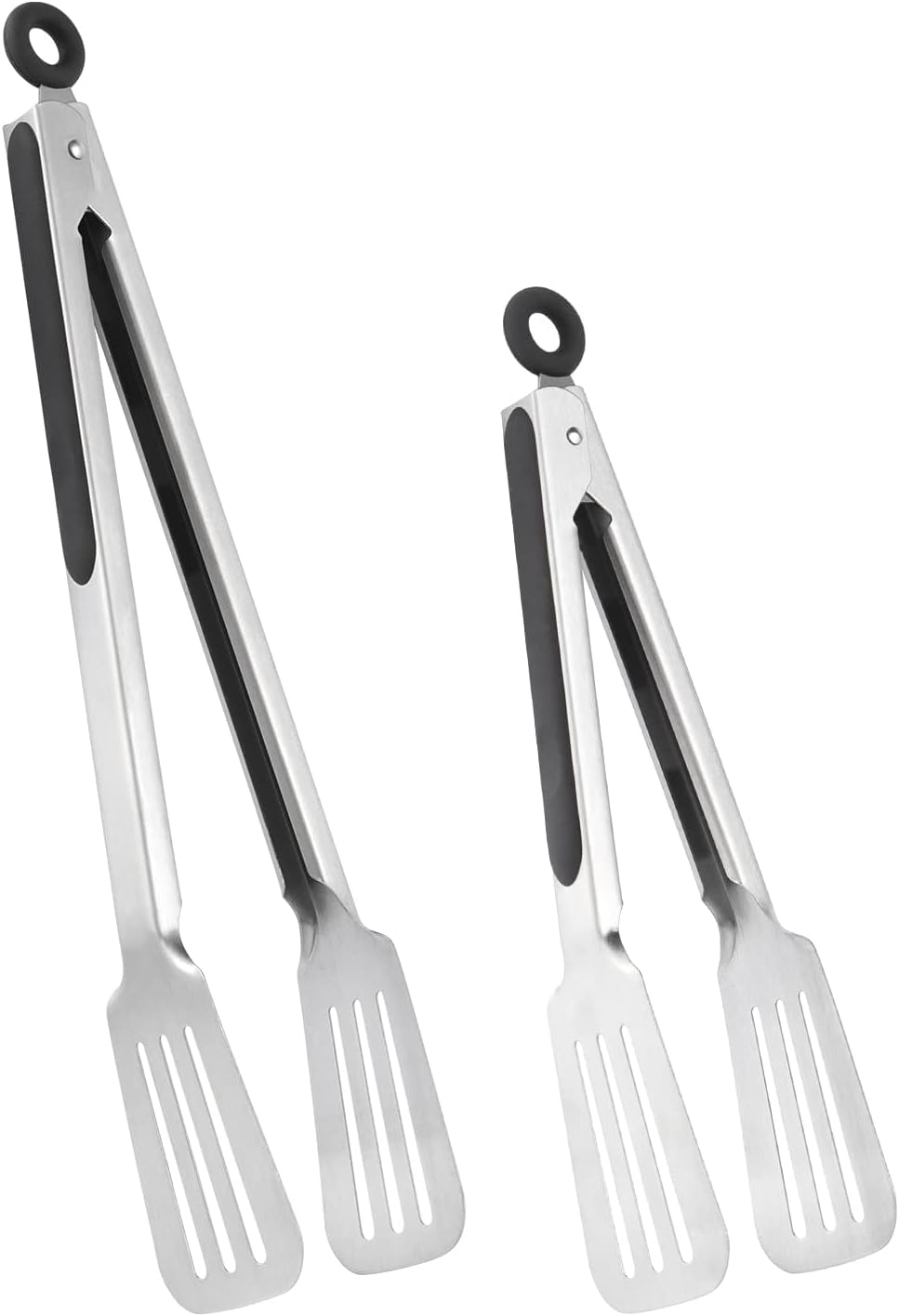 Tongs for Cooking, Set of 2 Metal Spatula Tongs for Grilling, Black | 9 inch & 12 inch, Flat Spatula Head, Comfortable Handle, Strong Grip, Easy Pull Lock, Flipping Utensil