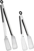 Tongs for Cooking, Set of 2 Metal Spatula Tongs for Grilling, Black | 9 inch & 12 inch, Flat Spatula Head, Comfortable Handle, Strong Grip, Easy Pull Lock, Flipping Utensil