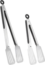 Tongs for Cooking, Set of 2 Metal Spatula Tongs for Grilling, Black | 9 inch & 12 inch, Flat Spatula Head, Comfortable Handle, Strong Grip, Easy Pull Lock, Flipping Utensil