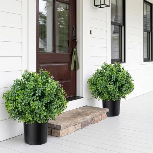 enven set of 2 artificial boxwood topiary trees on a desk or shelf