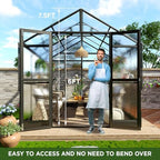 howe 8x8x7.5 ft polycarbonate greenhouse with lockable swing shown in use
