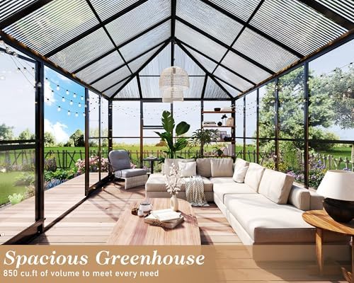 howe 14x9.5x9 ft pavilion styled greenhouse with clear, side view