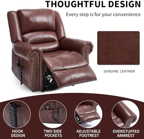 Genuine Leather Power Lift Recliner Chair, Lazy Boy Recliner Chair with Charging Ports for Living Room Theater Seating, Electric Single Sofa with Round Armrest, Red