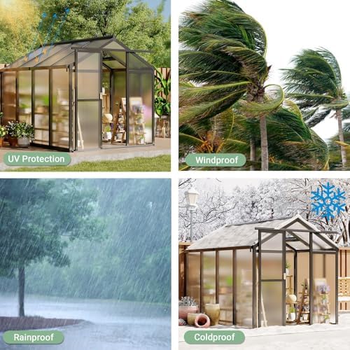 6x8 ft greenhouse, outdoor sliding door, polycarbonate greenhouse on a desk or shelf